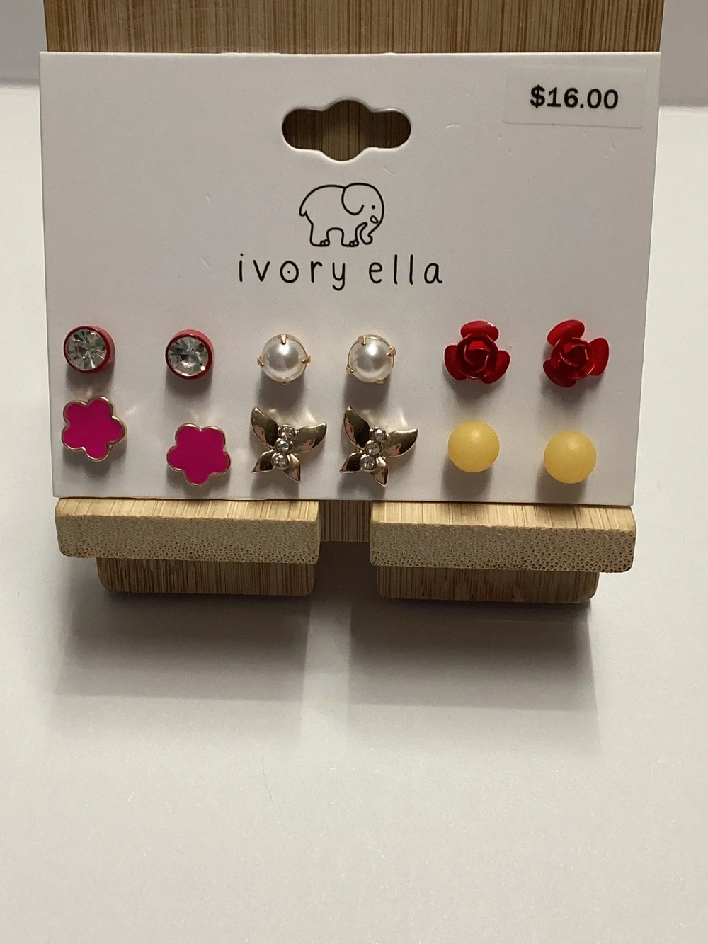 ivory ella Kids 5-Pair Stud Earring Set - Red, Pink, Pearl, Gold, Yellow